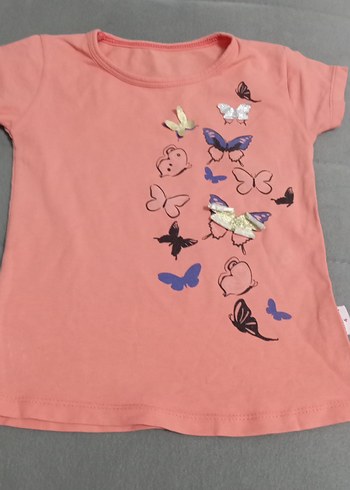 Kız Çocuk Pembe Kelebek Baskılı Kısa Kollu Tişört - Görsel 2