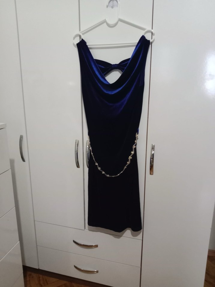 Zincir Detaylı Lacivert Uzun Abiye Elbise - Görsel 2