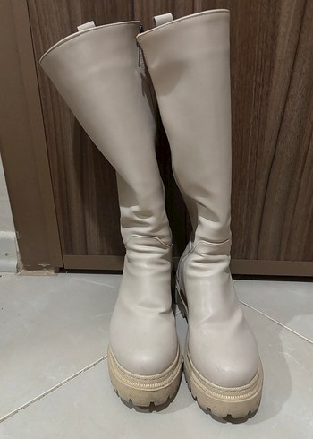 Bej,Siyah,Beyaz Kadın Diz Boyu Bot - Görsel 6