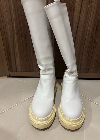 Bej,Siyah,Beyaz Kadın Diz Boyu Bot - Görsel 9