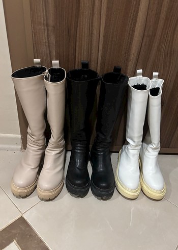 Bej,Siyah,Beyaz Kadın Diz Boyu Bot - Görsel 2