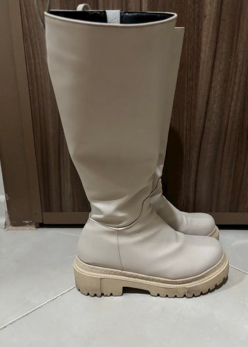 Bej,Siyah,Beyaz Kadın Diz Boyu Bot - Görsel 7