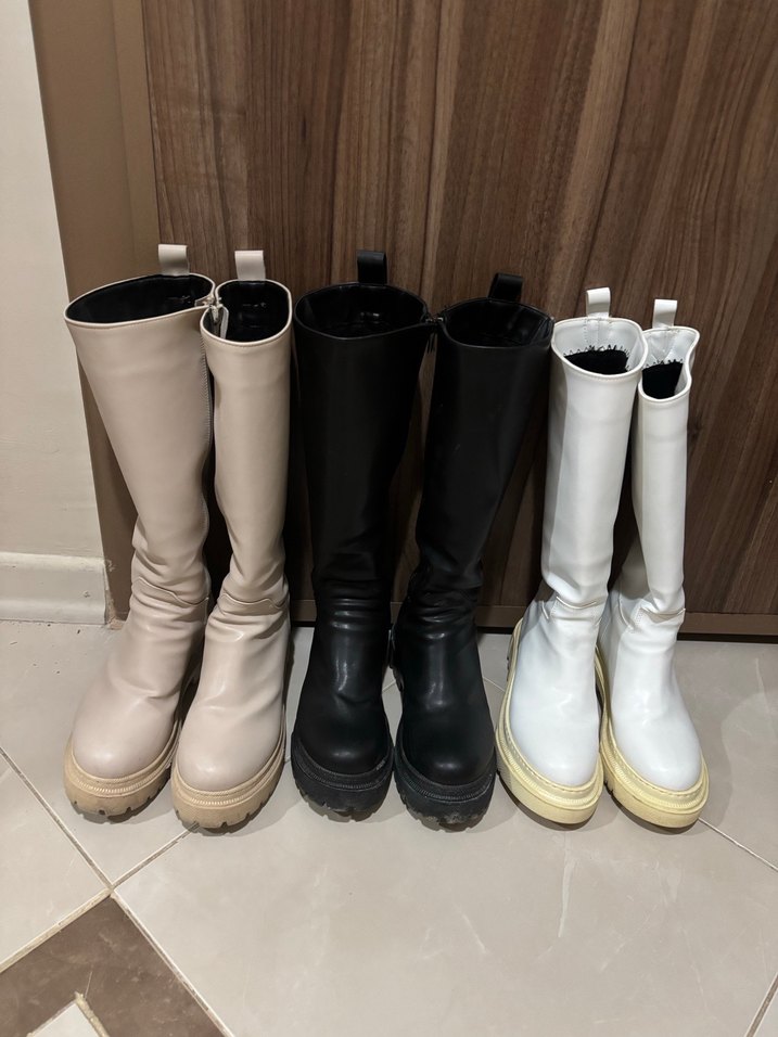 Bej,Siyah,Beyaz Kadın Diz Boyu Bot - Görsel 2