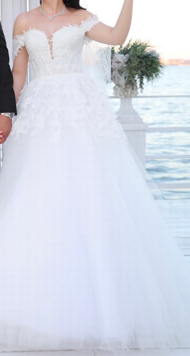 Beyaz A-line Dantel Gelinlik - Görsel 5