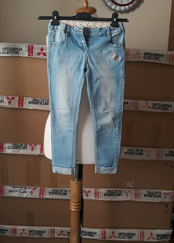Kız Çocuk Mavi Baskılı Kot Pantolon/ açık mavi