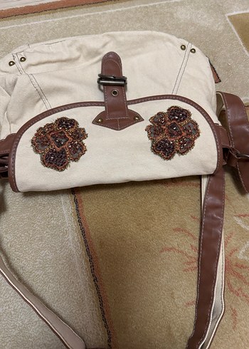 Bej Nakışlı kanvas Kadın Çanta - Görsel 6
