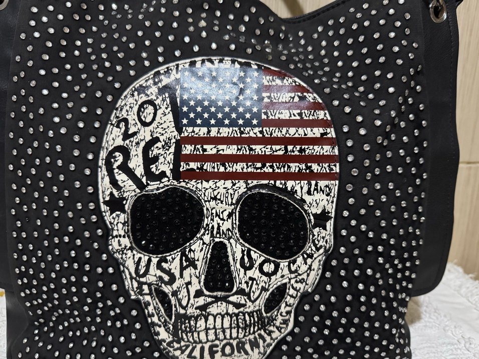 Siyah Deri Rock Punk Nakışlı Çanta - Görsel 3