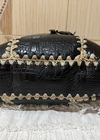 Bohem Siyah kroko  Desenli Deri Çanta - Görsel 5