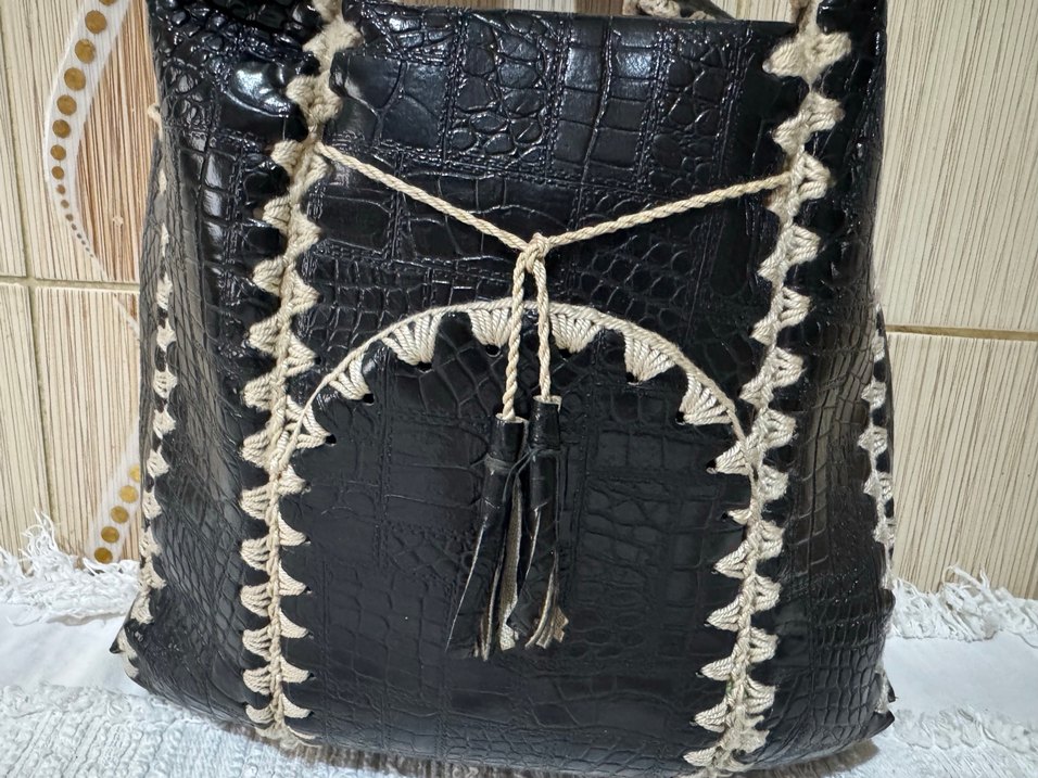 Bohem Siyah kroko  Desenli Deri Çanta - Görsel 2