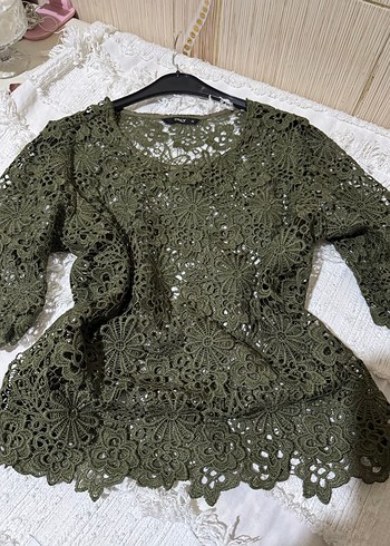 Dantel İşlemeli Bohem Yeşil Mini Bluz - Görsel 5