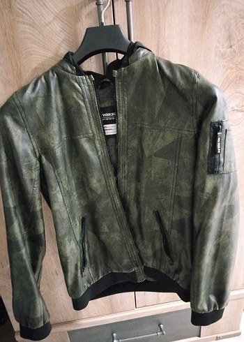 Gri Kamuflaj Deri Fermuarlı Erkek Ceket - Görsel 4