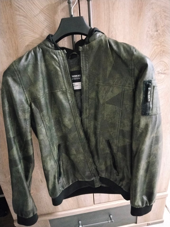 Gri Kamuflaj Deri Fermuarlı Erkek Ceket - Görsel 4