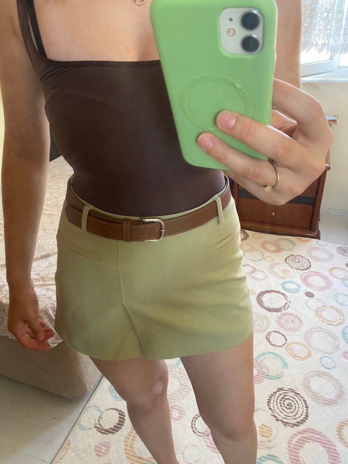 Kahverengi Kemerli Mini Etek - Görsel 4