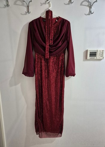 Bordo Uzun Kollu Drapeli Kadın Abiye Elbise