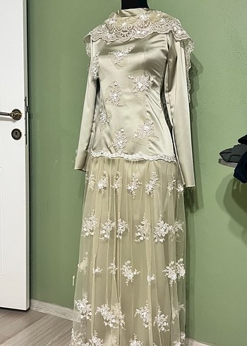 Abiye Vintage Bej Uzun Kollu A Kesim abiye