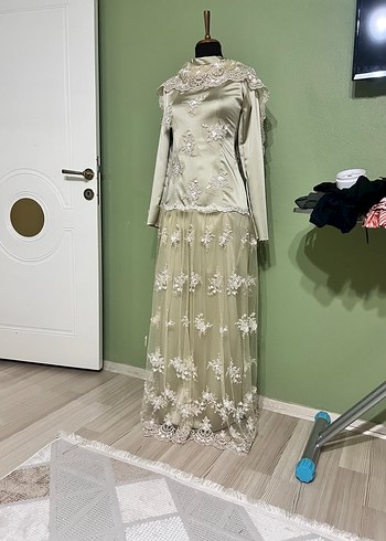 m Beden Vintage Bej Uzun Kollu A Kesim abiye