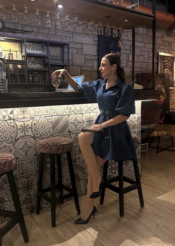 Kemerli petrol mavi Elbise - Görsel 3