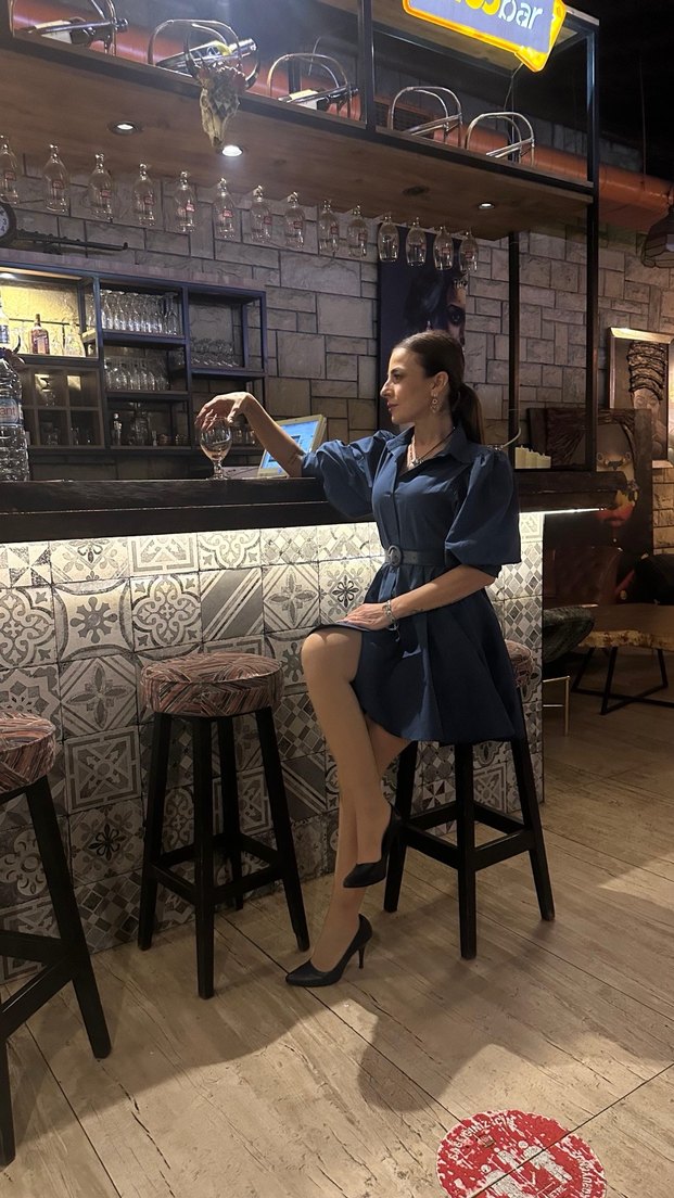 Kemerli petrol mavi Elbise - Görsel 3