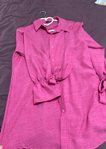 Düğmeli Pembe Keten Kadın Gömlek - Görsel 3
