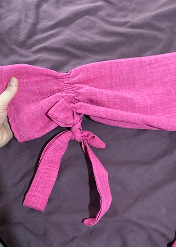 Düğmeli Pembe Keten Kadın Gömlek - Görsel 2