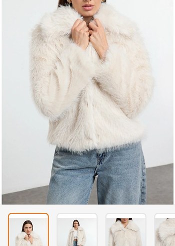 Kürk Detaylı krem Midi Boy Kadın Mont - Görsel 2