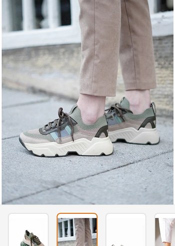 Bağcıklı, platform topuklu khaki spor ayakkabı - Görsel 2