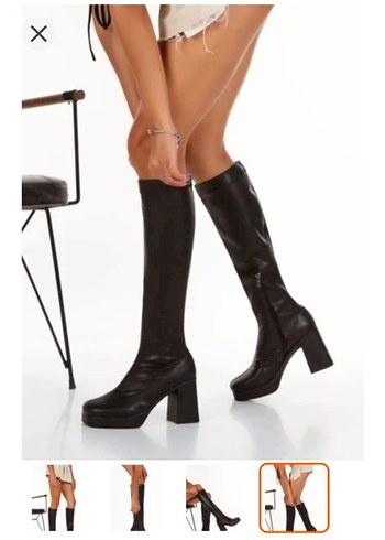 siyah Deri Tokalı Dizüstü Platform Çizme - Görsel 3