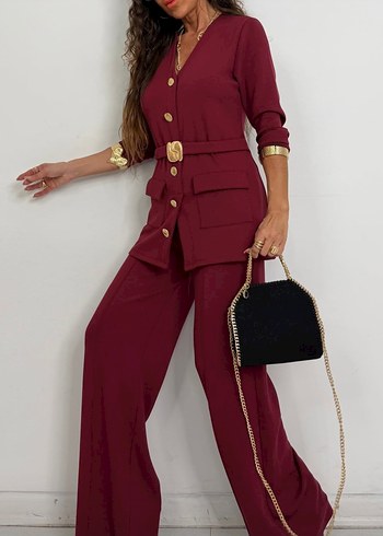 Bordo Süet Kemerli Uzun Kadın Takım - Görsel 2