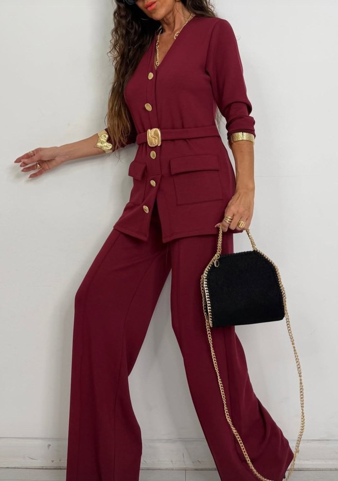 Bordo Süet Kemerli Uzun Kadın Takım - Görsel 2