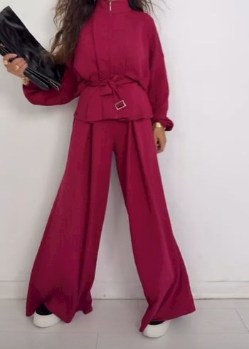 Bordo Kuşaklı Uzun Kadın Takım - Görsel 3
