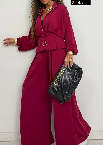 Bordo Kuşaklı Uzun Kadın Takım - Görsel 2