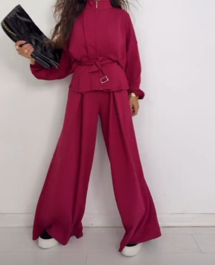 Bordo Kuşaklı Uzun Kadın Takım - Görsel 3