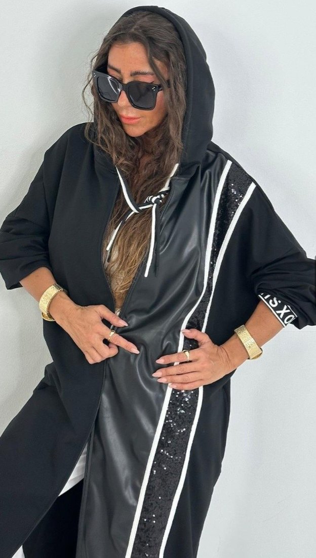 Siyah Kapüşonlu Uzun Salaş Elbise - Görsel 3