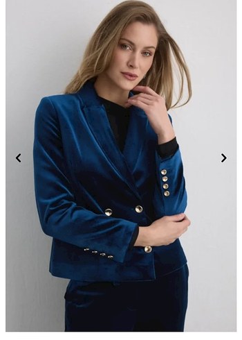 Lacivert Kadife Düğmeli Kadın Blazer Ceket pantolon takim - Görsel 3