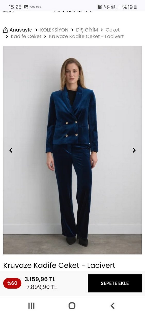 Lacivert Kadife Düğmeli Kadın Blazer Ceket pantolon takim - Görsel 2