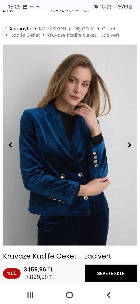 Lacivert Kadife Düğmeli Kadın Blazer Ceket pantolon takim - Görsel 3