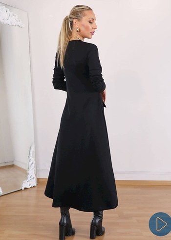 Düğmeli Siyah Uzun Kadın Elbise - Görsel 2