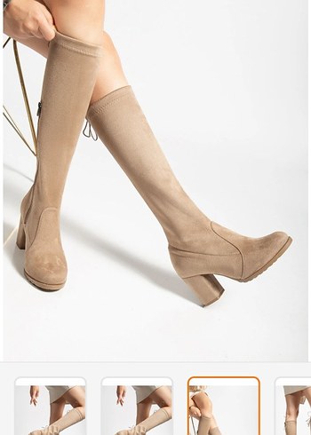 Bej Süet Diz Üstü Kadın cizme - Görsel 2