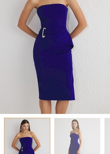 Parlak Lacivert Straplez Mini Abiye Elbise - Görsel 3