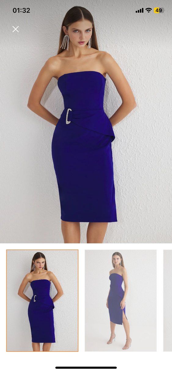 Parlak Lacivert Straplez Mini Abiye Elbise - Görsel 3