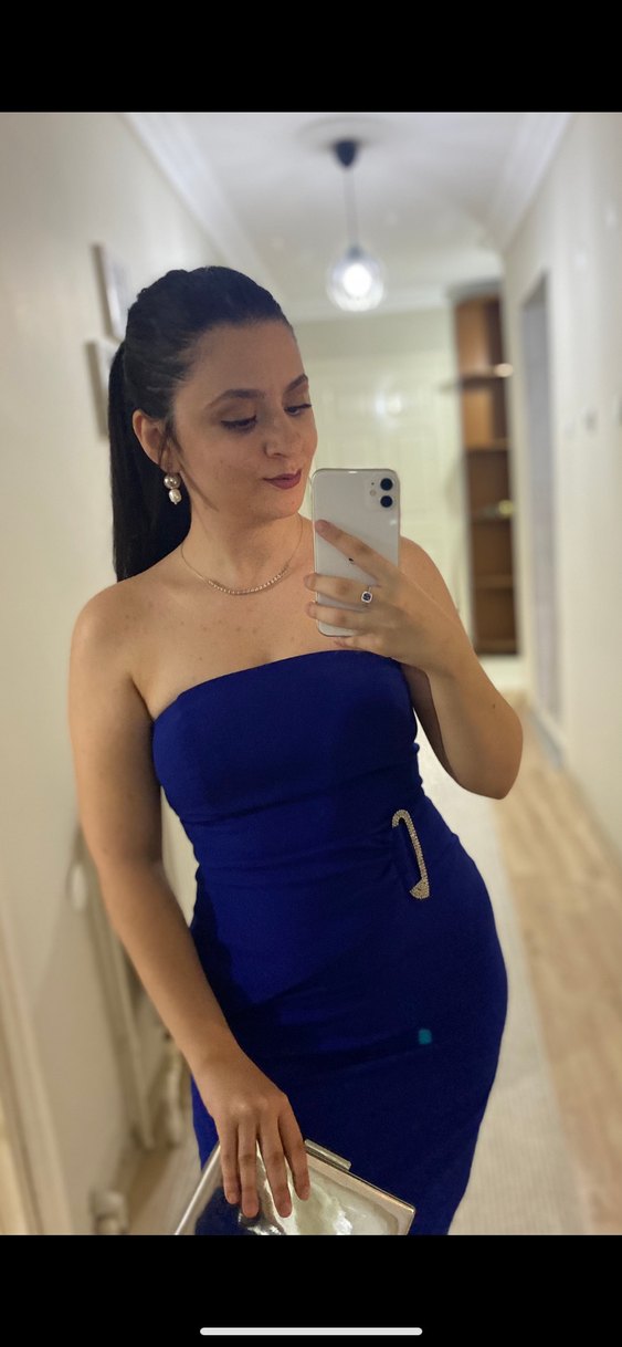 Parlak Lacivert Straplez Mini Abiye Elbise - Görsel 2