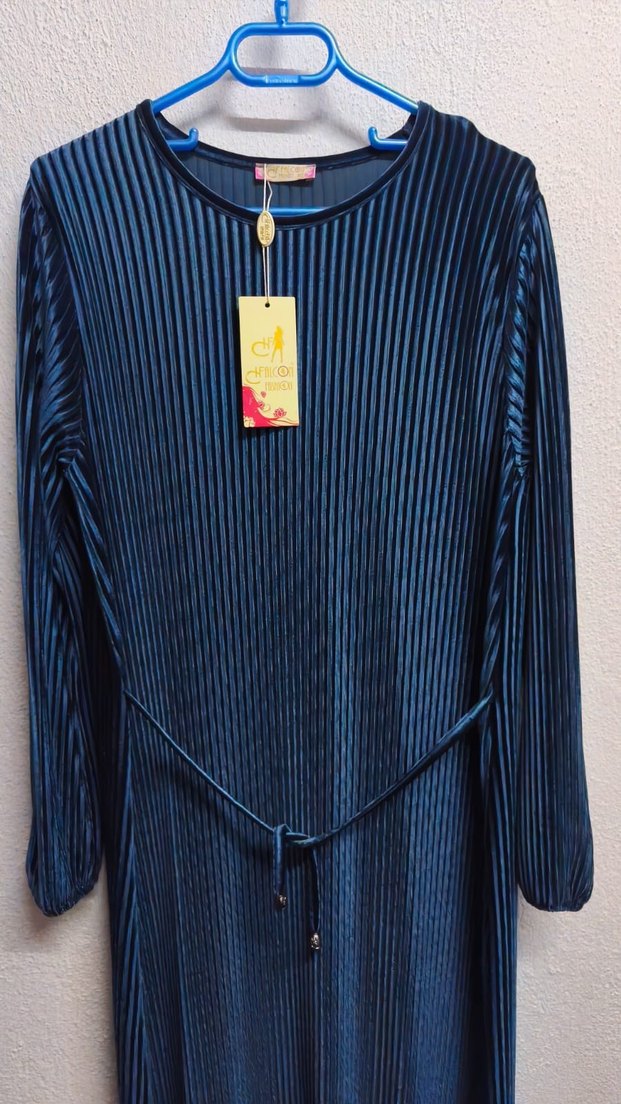 Kadın Lacivert Piliseli Uzun Kollu Elbise - Görsel 2