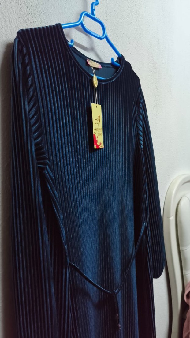 Kadın Lacivert Piliseli Uzun Kollu Elbise - Görsel 5