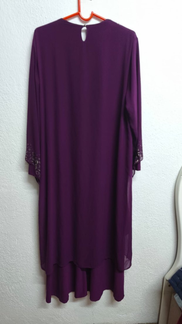 Mor Uzun Kollu Salaş Kadın Abiye Elbise - Görsel 2