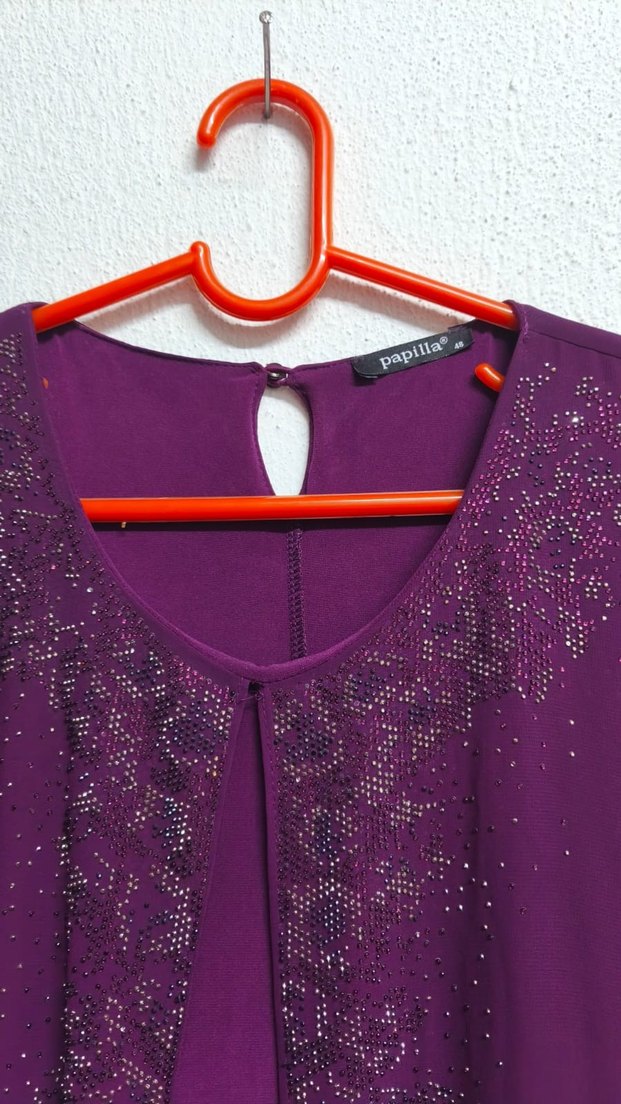 Mor Uzun Kollu Salaş Kadın Abiye Elbise - Görsel 3