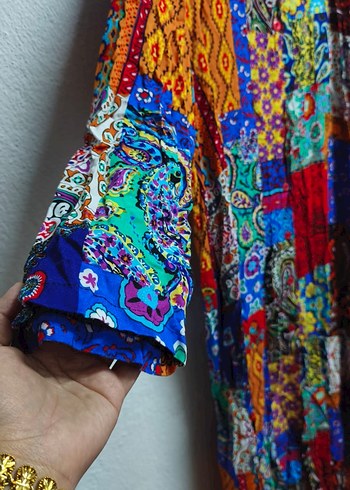 Renkli Desenli Bohem Kadın Gömlek Elbise - Görsel 3