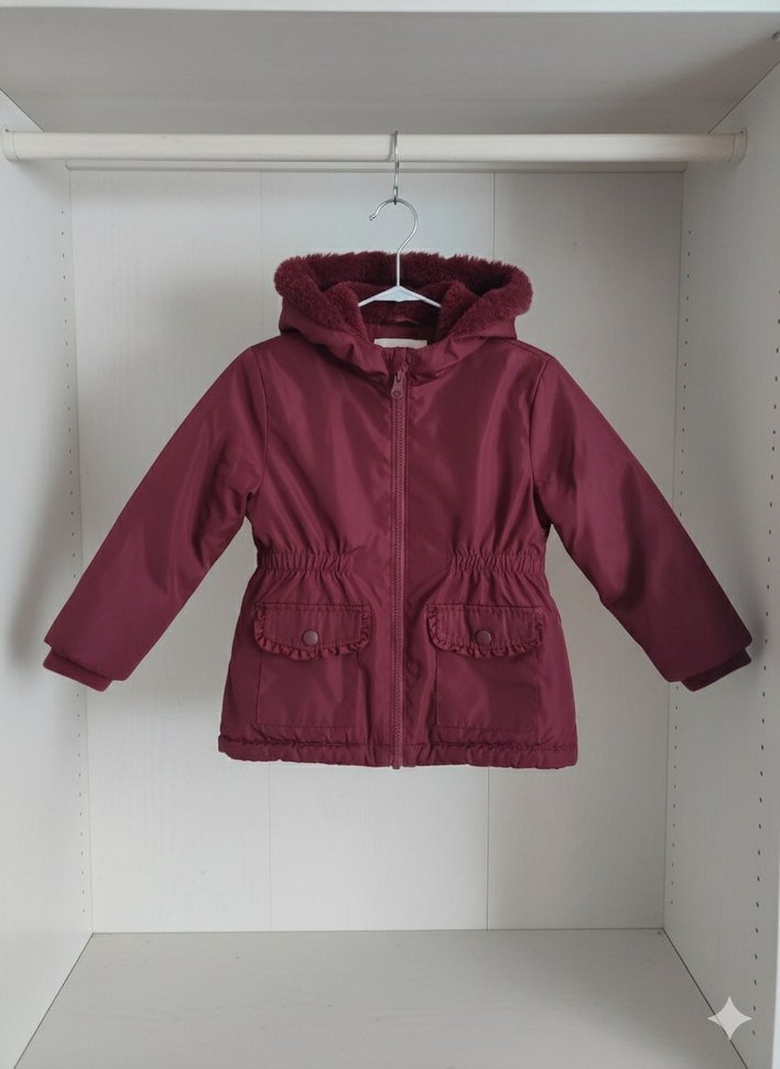 Kız Çocuk Bordo Kürklü Kapüşonlu Mont - Görsel 2