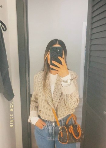 Düğmeli Kareli Kısa Kadın Blazer - Görsel 3