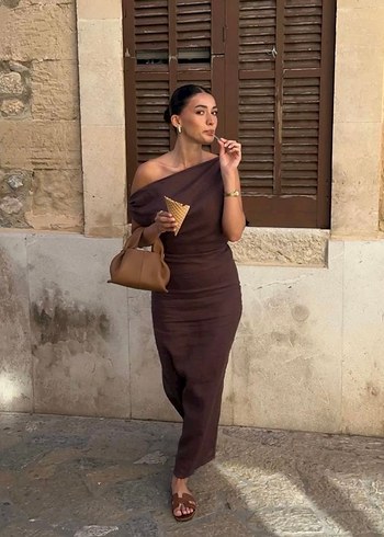 Kahverengi Drapeli Straplez Mini Elbise - Görsel 2