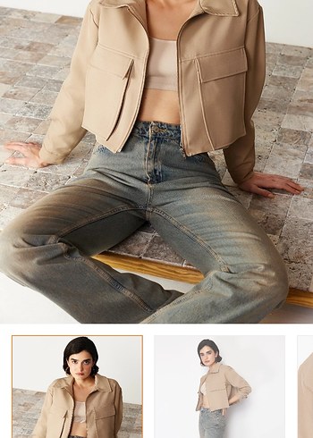 Bej Deri Kadın Ceket Midi Boy - Görsel 3